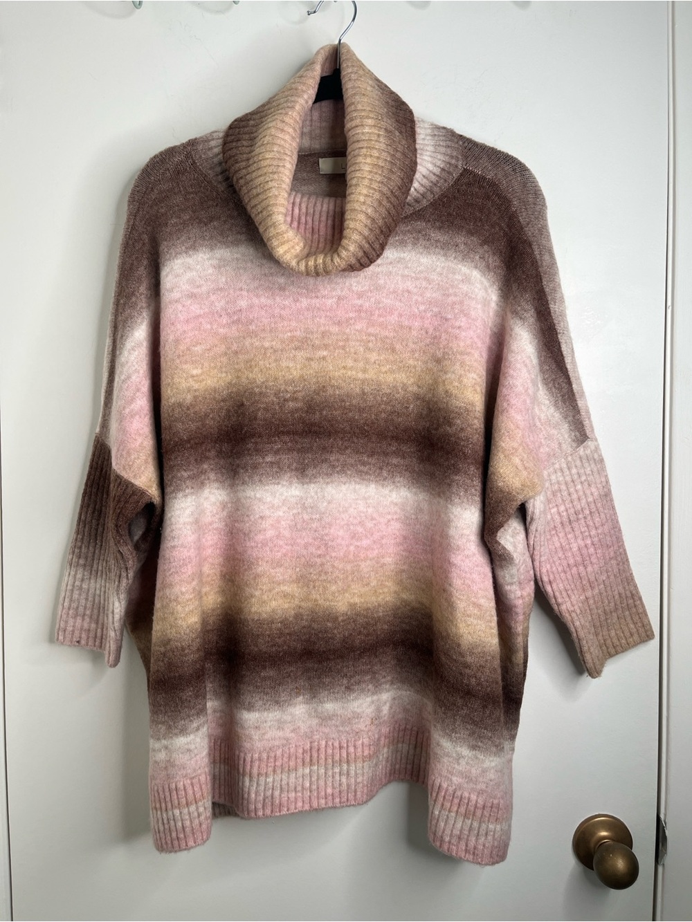 Loft Wool Blend Ombre Striped Cowl / Turtleneck Poncho Sweater Med Pink Brown